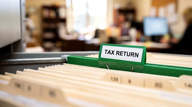 Green hanging file folder labeled tax return organized inside a metal office filing cabinet drawer for professional financial document management