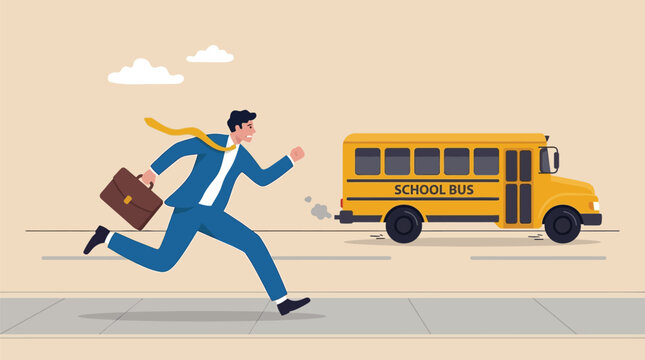 Professional businessman in a blue suit running fast to catch a yellow school bus illustration