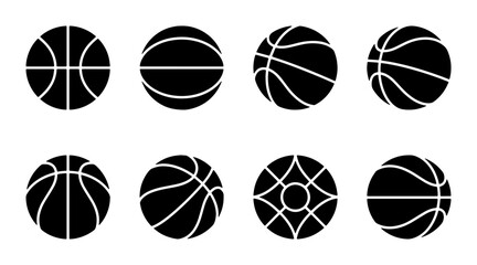 Obraz premium Set of 8 Black Basketball Icons, Sport Game Equipment Vector Graphics, Athletic Competition Symbols