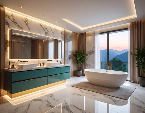 Modern luxury bathroom with scenic view.
