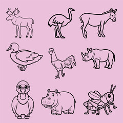Fototapeta premium Animal Outline Vector Icons – Mixed Wildlife and Farm Line Art
