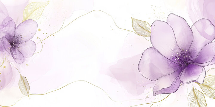 Abstract illustration of purple flowers adorned with delicate golden outlines against a white background.