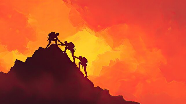 Silhouette of three climbers supporting each other climbing rock cliff under orange sunset glow, teamwork perseverance inspirational outdoor photo
