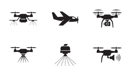 Obraz premium Collection of drone and airplane vector icons. Modern unmanned aerial vehicles and fixed-wing aircraft for various tasks.