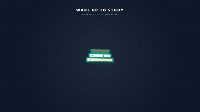 Wake up to study animation cycles through an alarm clock, stacked books, and a laptop on a dark blue educational background.