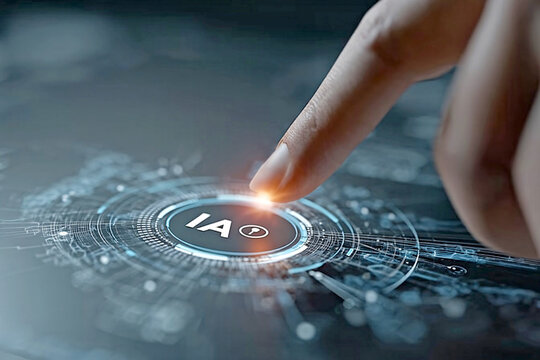 Person activating AI technology with finger touch on futuristic interface