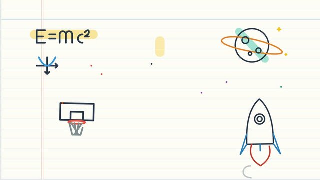 Educational doodles animate across lined notebook paper with science, ideas, sports, art, books, and a paper airplane.