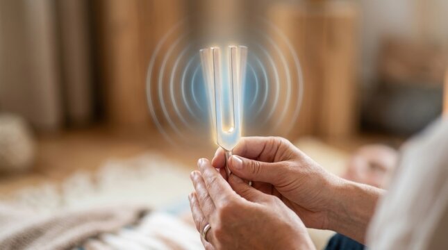 Hands adjusting an elegant steel sound tuning fork emitting a subtle warm glowing vibration acoustic soundwave frequency line