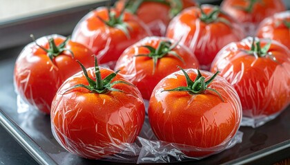 Fresh tomatoes wrapped in transparent plastic film on a serving tray © nanskyblack