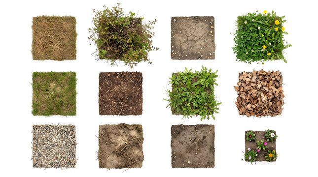 Natural ground textures collection, 12 square soil and grass samples, organic earth surfaces with mulch and gravel, landscape design material set