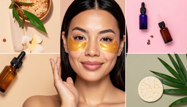 Young woman skincare routine collage with serums, eye patches, and facial treatments for beauty and wellness