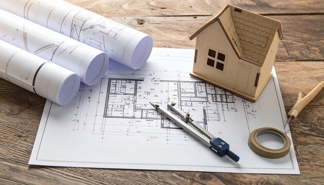 Architectural blueprints with drafting tools and house model on wooden table