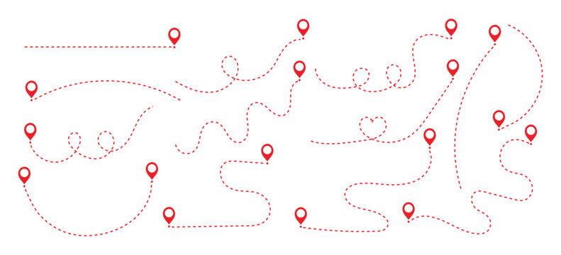 Simple route map icon with location pin. Route dash line with location pin. dotted travel path symbol, navigation journey graphic element. Hand drawn curve dotted line vector set.