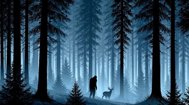 Silhouette of deer and person standing in misty coniferous forest