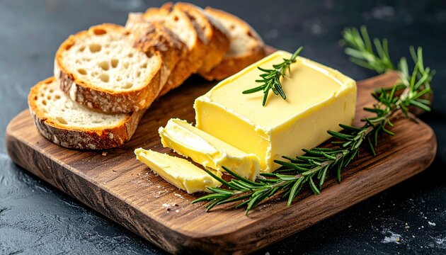 Butter and rosemary bread: A wooden board with fresh artisanal butter, rosemary sprigs, and sliced bread on a dark background.