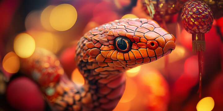 A beautiful macro portrait of an orange and yellow patterned corn snake looking sideways with a soft warm bokeh background