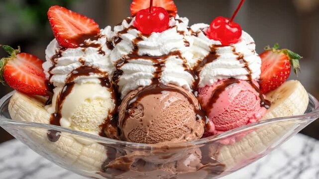 Decadent Banana Split Ice Cream Sundae with Whipped Cream, Strawberries, Cherries and Chocolate Sauce, Delicious Dessert Treat