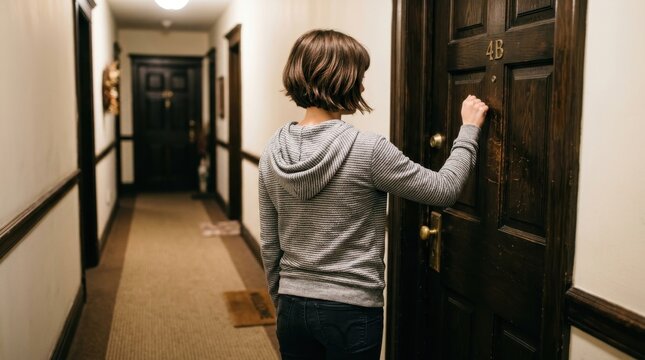 A young woman in a grey hoodie seen from behind as she knocks on a dark wooden apartment door with the number 4B in a traditional building hallway.