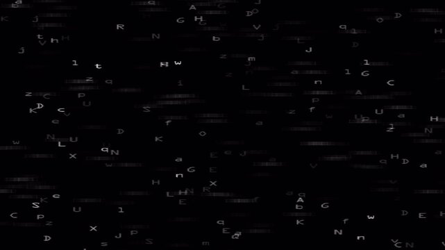 Digital Glitch Letters Overlay with Random Alphabet Distortion on Black Background