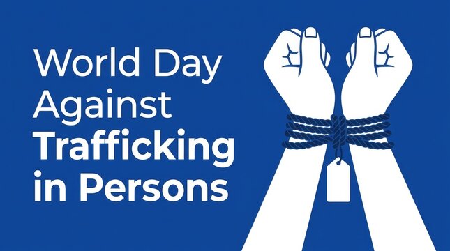 World Day Against Trafficking in Persons vector banner illustration featuring bound hands tied with rope over blue background