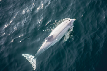 Fototapeta premium A breathtaking high angle aerial drone shot capturing a lone white or pink dolphin gliding through the dark blue ocean water surface