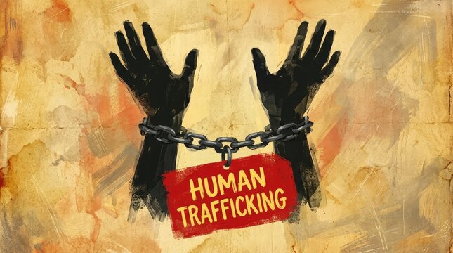 World Day Against Trafficking in Persons artwork displaying black hands breaking heavy chains on a distressed yellow canvas