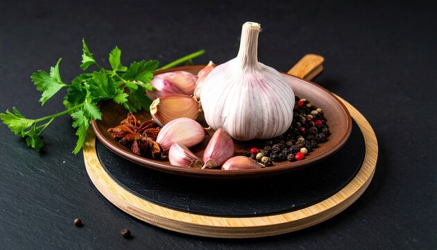 Plate with fresh garlics and different spices on black background