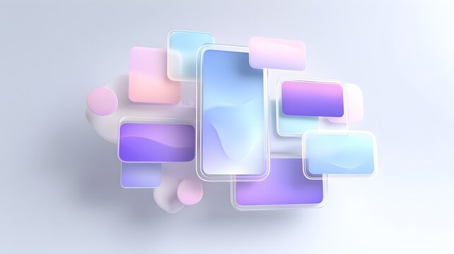 Floating glass cards in soft blue purple with arranged light gray background pink hues arranged collection floating transparent technology with resources
