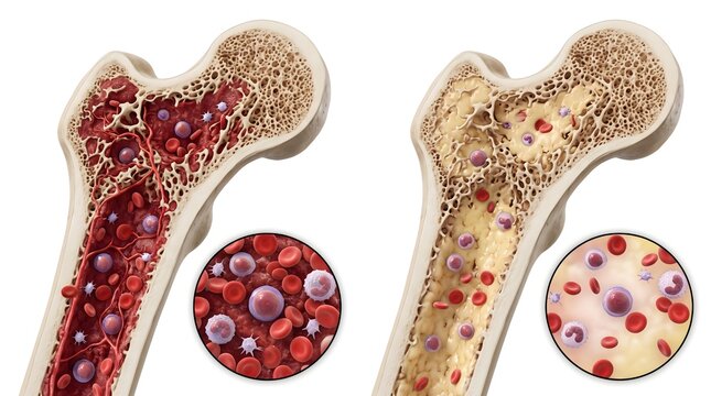Detailed illustration comparing healthy bone marrow with aplastic or fatty marrow, showcasing differences in cellular composition and tissue structure within human bones