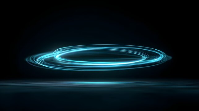 Neon cyan torus glowing in darkness with space reflective surface torus floating dark luminous neon technology futuristic abstract science with energy