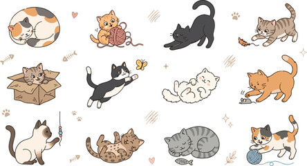 Obraz premium Cute cartoon kitten vector character set featuring playful cats sleeping scratching stretching jumping catching butterflies and playing with yarn balls