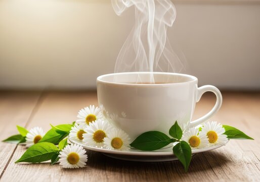 A steaming white porcelain cup of herbal tea sits on a rustic wooden table surrounded by delicate white daisies and fresh green leaves, relaxation, afternoon, lifestyle
