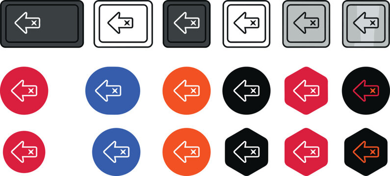 Keyboard Backspace Delete Key Vector Icon Set with Left Arrow and Cross Symbols for UI UX App Interface Designs