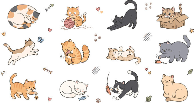 Cute cartoon kitten vector character set featuring playful little cats sleeping stretching jumping catching butterflies and playing with toy mice