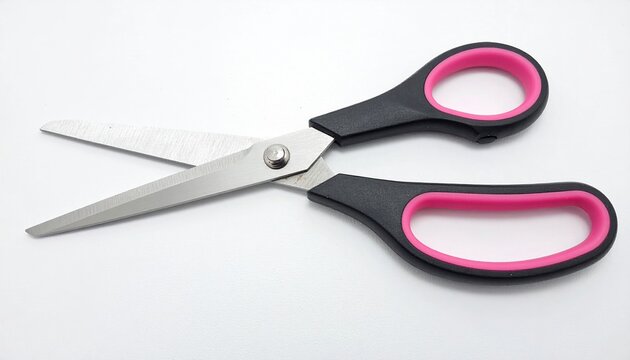 Black scissors with pink handles on white background