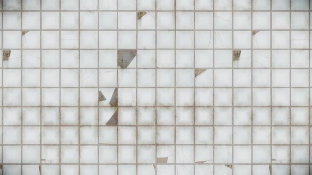 Abstract tiled pattern background, light grey and off white squares with distressed brown fragments, a seamless loop motion graphic