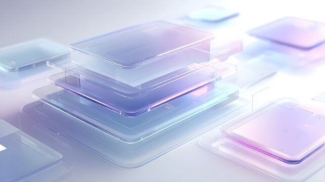 Futuristic ai copilot interface with stacked transparent cards with stack transparent rectangular interface white background intelligence interaction