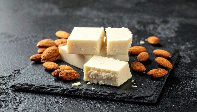 Marzipan and almonds: A slate board topped with sweet marzipan paste, whole almond nuts, and almond flakes on dark.