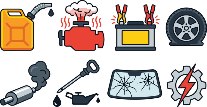 Car Breakdown and Auto Accident Service Vector Icon Set featuring Overheated Engine Flat Tire Dead Battery Cracked Windshield and Smoke Exhaust Graphics