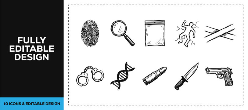 Black ink scribble forensic fingerprint and spy detective icon bundle set featuring hand drawn doodle sketch vector illustrations for crime investigation and security branding.