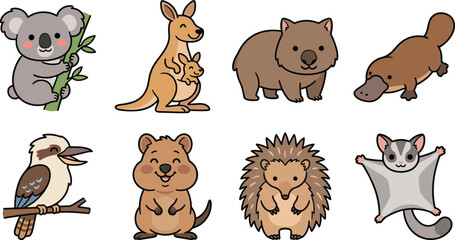 Fototapeta premium Cute Australian Animals Vector Character Set with Koala, Kangaroo, Wombat, Platypus, Kookaburra, Quokka, Echidna, and Sugar Glider Illustrations