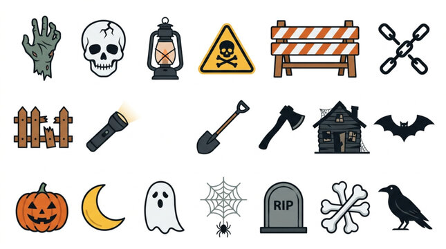 Zombie hand, cracked skull, survival lantern, warning sign, barricade, chains, broken fence, flashlight, shovel, axe silhouette, haunted cabin, bat, pumpkin, moon, ghost, spider, web, tombstone, bones