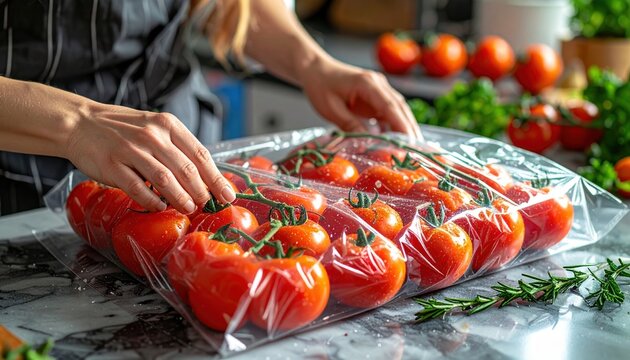 Hands covering fresh tomatoes with food-safe cling wrap in the kitchen