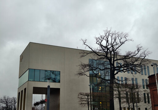 Stockholm, Sweden-Nov.28th 2025: modern exterior facade of Royal College of Music (KMH) under a cloudy day in Stockholm, Sweden.