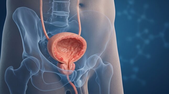 Human Urinary Bladder Anatomy with Prostate and Urethra Cross Section Medical 3D visualization