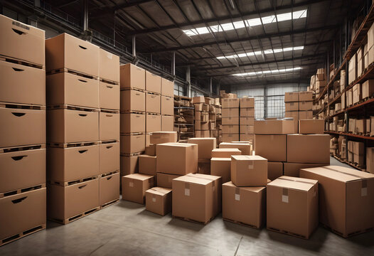 Warehouse with stacked cardboard boxes and overstock items