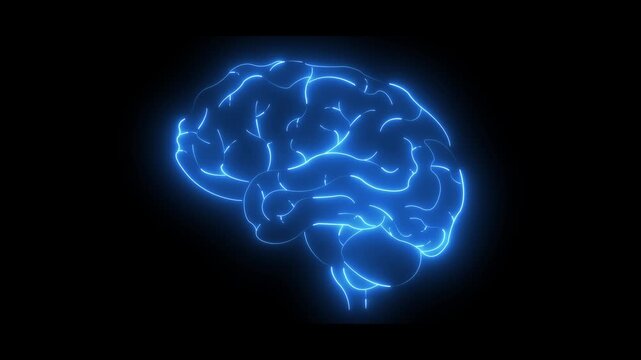Glowing neon brain icon representing intelligence, memory, and medical technology. Futuristic digital brain design with neon line art on a black background.