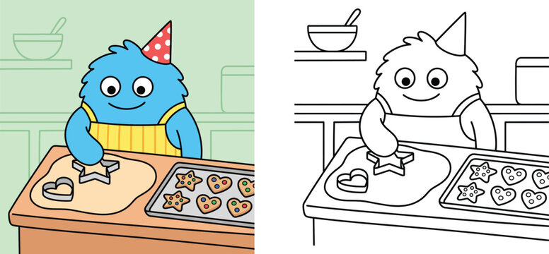 Cute cartoon monster baking cookies in kitchen coloring page and colored illustration set for kids activity worksheet vector