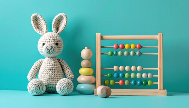 Childrens toys including crochet bunny and abacus on turquoise backgroundChildrens toys including crochet bunny and abacus on turquoise background