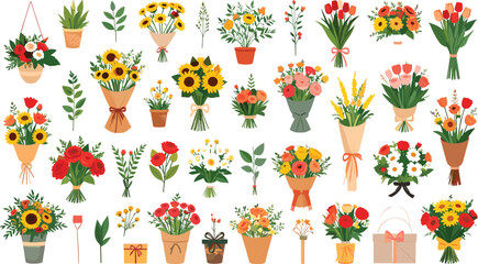 Potted Plant and Flower Bouquet Vector Collection Featuring Sunflowers, Roses, Tulips, and Carnations for Spring Greetings, Wedding Decorations, and Festive Gift Package Designs © Moksedul